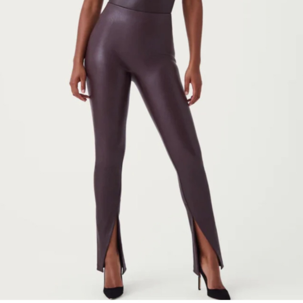 Spanx Small Faux Leather Front Slit Leggings Cherry Chocolate Brown Slimming